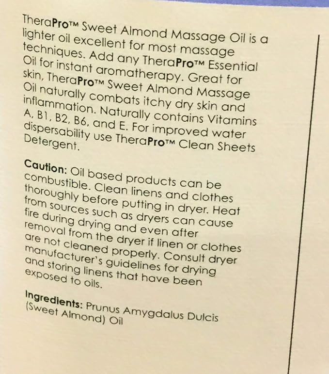Sweet Almond Massage Oil by TheraPro - Sweet Almond Oil Infused with Vitamins A, B1, B2, B6 & E - Naturally Combats Dry, Itchy Skin & Inflammation - Excellent Light Massage Oil - 1/2 Gallon