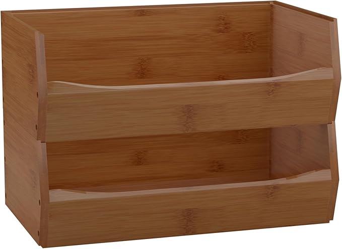 2 Set Open Front Stackable Storage Bins, Bamboo Stacking Storage Bins Food Vegetable Makeup Containers, Organizer Bins for Kitchen, Bathroom, Office, Cabinet, Countertop Storage (Long Walnut)