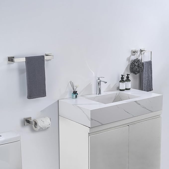 4-Piece Bathroom Hardware Set, Towel Rack Towel Holder Toilet Paper Holder Towel Hooks Towel Bar Set Stainless Steel Towel Rack Accessories Set Wall Mounted, Brushed Nickel 16 Inch