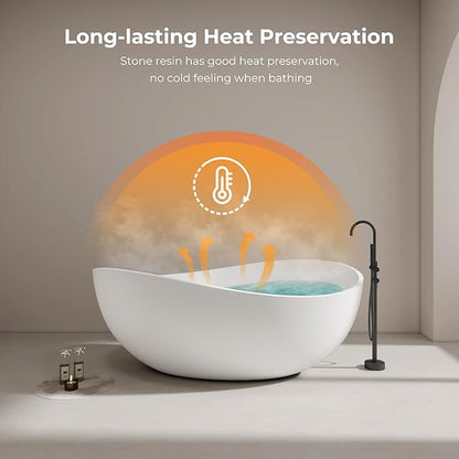 Premium Upgraded 63" Solid Surface Freestanding Bathtub, Unique Oval Stone Resin Tub with Overflow and Pop-up Drain, Matte White