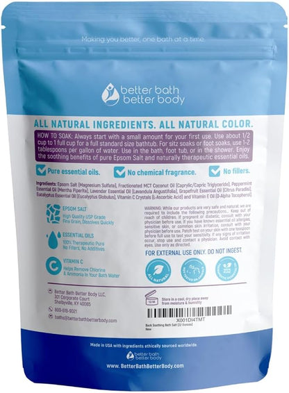 Back Soothing Bath Salt 32 Ounces Epsom Salt with Natural Bergamot, Lavender, Eucalyptus and Peppermint Essential Oils Plus Vitamin C in BPA Free Pouch with Easy Press-Lock Seal