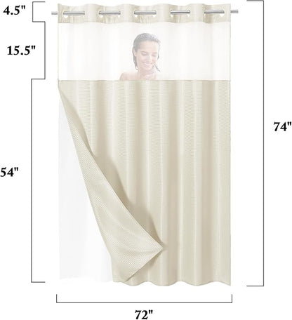 Gibelle No Hook Waffle Weave Shower Curtain with Snap-in Fabric Liner Set for Bathroom, Hotel Style with Mesh Top Window, Waterproof & Washable, Ivory, 72x74