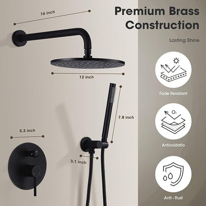 TRUSTMI 12 inch Round Bathroom Luxury Rain Mixer Combo Set Wall Mounted Rainfall Shower Head System Matte Black, (Contain Faucet Rough-in Valve Body and Trim)