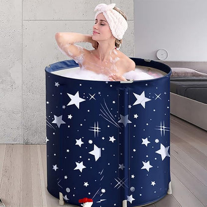 BDL Portable Bathtub, Foldable Adult Japanese Soaking Bath Tub, BDL Freestanding Ice and Hot tubs with Thermal Foam, Folding Spa Bath Tub for Small Spaces Free Pillow and Storage Bag Starry Night Blue