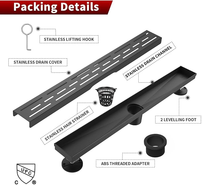 Sharp-tec Linear Shower Drain, 32 inch Shower Drain with Removable Pattern Cover, Matte Black 304 Stainless Steel Rectangle Floor Drain, Adjustable Feet and Hair Strainer Included (Model 101)