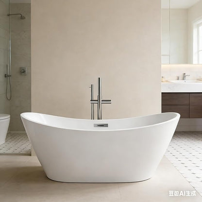 67'' Freestanding Bathtub, Acrylic, Deep Soaking Tub with Non-Slip Surface, Modern Free Standing Bath Tub, Chrome Drain, cUPC Certified, Easy Install, Space-Saving Bathtub for Bathrooms, White