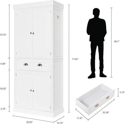 VINGLI 71-Inch White Storage Cabinets with Drawers, Freestanding Pantry Cabinets with Doors and Shelves Adjustable, Wood Farmhouse Kitchen Pantry Cupboard