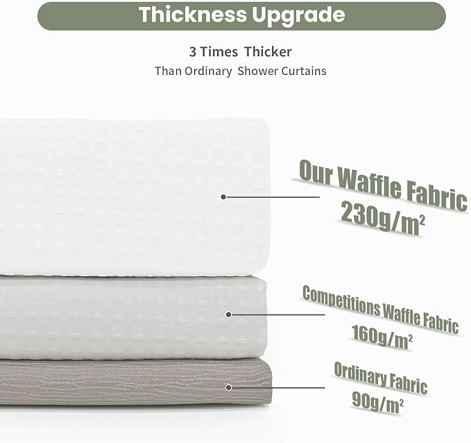 Inhousolu Fabric Shower Curtain Waffle Weave, 230 GSM Heavy Duty, Weighted Hem, 14 Metal Hooks, Water Repellent, Machine Washable, Hotel Spa Luxury Bath Curtain Set, 72 x 72 Inch, White