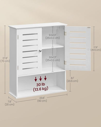 VASAGLE Bathroom Wall Cabinet, Medicine Cabinet, Wall-Mounted Bathroom Storage Cabinet, with Adjustable Shelf, Double Slat Doors and Open Shelf, 7.9 x 23.6 x 27.6 Inches, White UBBK028W01