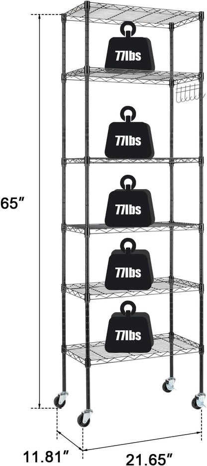 6 Tier Storage Racks Shelving, Heavy Steel Pantry Shelves, Adjustable Wire Shelving Rack with Wheels, Suitable for Garage, Kitchen, Bathroom, Office, 22" W x 12" D x 65" H, Black