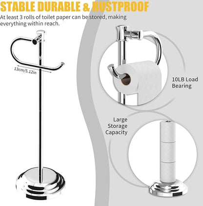 BESy Toilet Paper Holder Free Standing Bathroom Toilet Tissue Holder Stand for Floor Toilet Paper Roll Holder with Storage Hardware Accessories Rack Hand Towel Bar Polished Chrome Stainless Steel