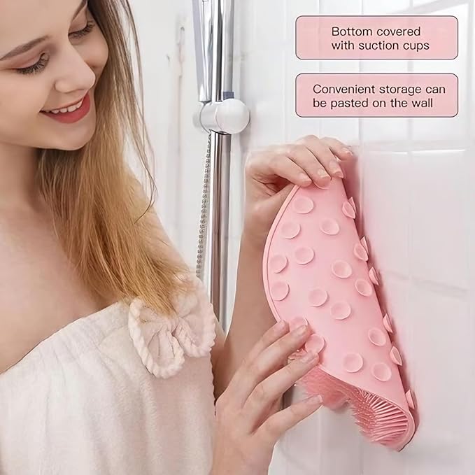 Shower Foot & Back Scrubber, Massage Pad with Suction Cups & Pumice Stone, Multi-Surface Silicone Bath Mat for Exfoliating and Massaging in Shower or Bathtub, 9.8x11.8 Inch (Green)