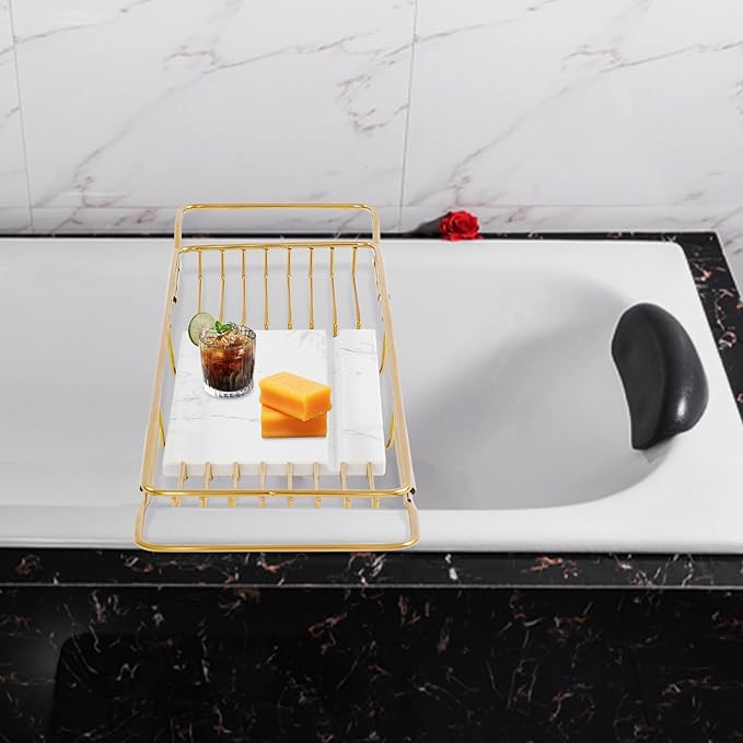 Bath Tub Tray Expandable Bathtub Tray 26.77-35.43 in, Bathtub Trays with Marble Board Bath Trays for Tub Luxury Bathtubs & Bathroom Accessories for Relaxing Spa,Suitable for Bathtubs Gold