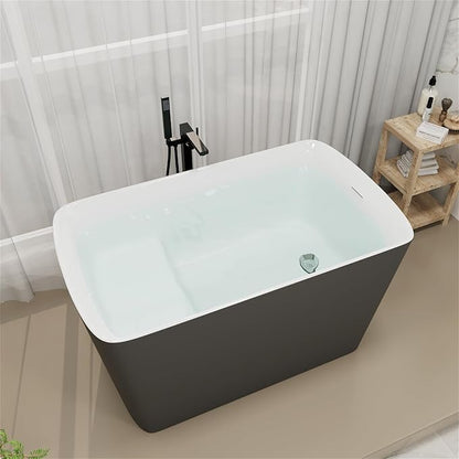 47" Lucite Acrylic Freestanding Bathtub，Square Shape Janpanese Soaking Tub with Seat Desgin,Toe-tap Chrome Right Drain, Slotted Overflow, cUPC Certified, 37° Gray