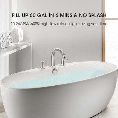 High Flow Roman Tub Faucet with Valve, Widespread Solid Brass 3 Hole Bathtub Faucet, 2 Handle Deck Mount Bath Tub Filler with Supply Water Hoses, Brushed Nickel