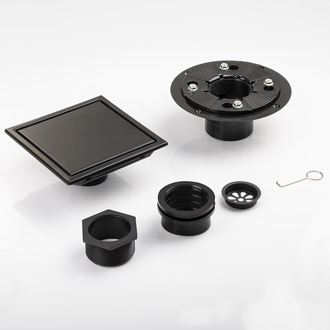 Square Shower Drain, Black Shower Drain 6 inch with Flange and 2 in 1 Tile-Insert Cover, AISI 304 Stainless Steel Matte Black Shower Floor Drain with Hair Catcher and Flange