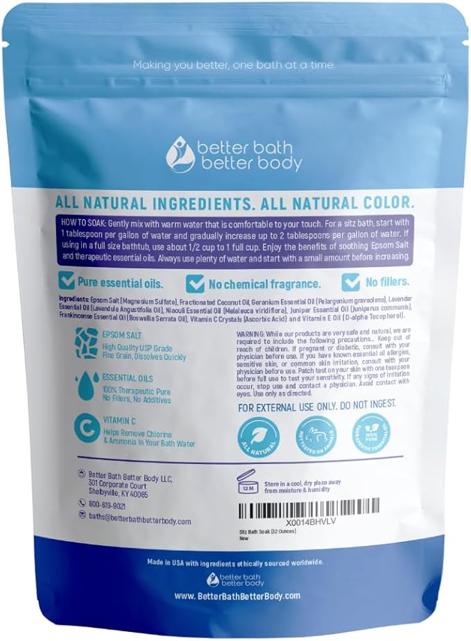 Sitz Bath Soak 2-Lbs Sitz Salt Epsom Salt Hemorrhoid Soothing with Pure Essential Oils in BPA Free Pouch with Press-Lock Seal Made in USA