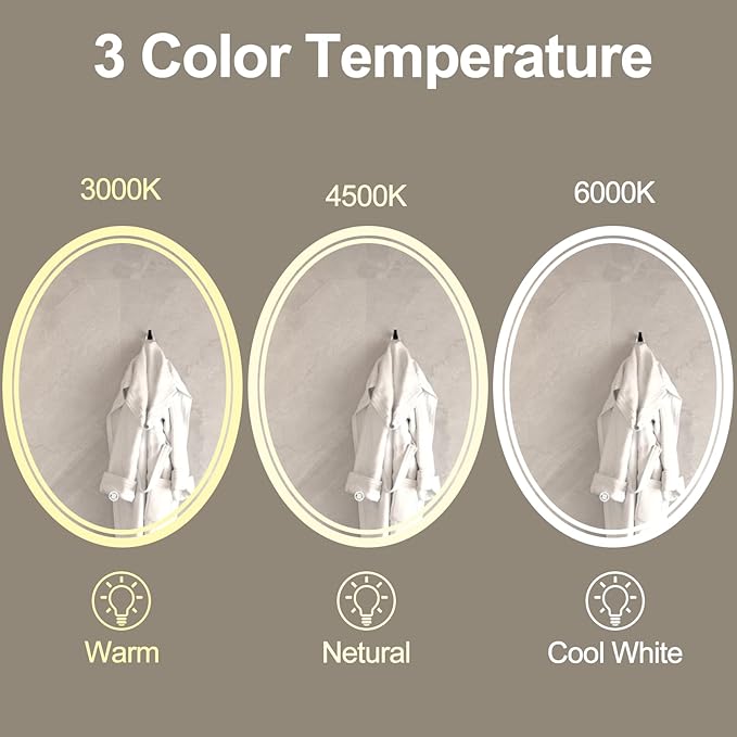 28 x 20 inch Oval LED Bathroom Mirror Anti-Fog 3 Colors Light Dimmable Wall Mounted Lighted Bathroom Vanity Mirror Memory Makeup Mirror Touch Switch