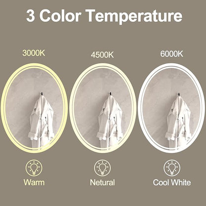 28 x 20 inch Oval LED Bathroom Mirror Anti-Fog 3 Colors Light Dimmable Wall Mounted Lighted Bathroom Vanity Mirror Memory Makeup Mirror Touch Switch