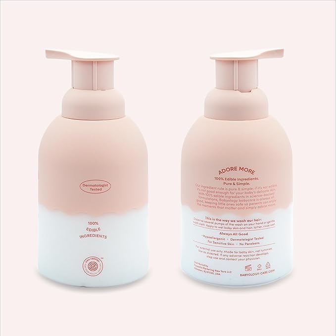 Babyology All Natural Baby Wash and Shampoo - 100% Edible Ingredients - with Organic Rose Water (Unscented) - 12 FL. OZ - Good for Sensitive Skin - Non Toxic - Tear Free (Pack of 2)