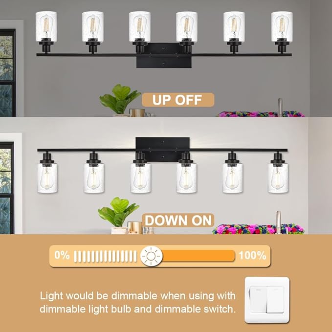 6-Light Seeded Glass Vanity Light Fixtures in Matte Black Finish, 45.3 Inches Length Modern Bathroom Wall Lighting Over Mirror Wall Mount Lights