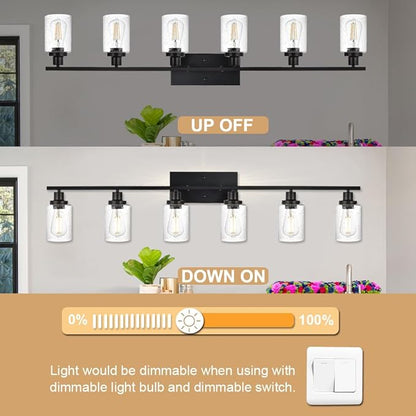 6-Light Seeded Glass Vanity Light Fixtures in Matte Black Finish, 45.3 Inches Length Modern Bathroom Wall Lighting Over Mirror Wall Mount Lights