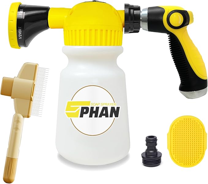 Giant Pet Washing Hose Attachment, 6-in-1 Soap Sprayer Moden Garden Hose Nozzle with 1000cc Soap Dispenser, Dog Bath Brush & Pet Comb, for Watering, Car Wash, Dog and Horse Showering (Yellow)