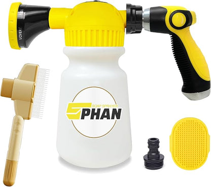 Giant Pet Washing Hose Attachment, 6-in-1 Soap Sprayer Moden Garden Hose Nozzle with 1000cc Soap Dispenser, Dog Bath Brush & Pet Comb, for Watering, Car Wash, Dog and Horse Showering (Yellow)