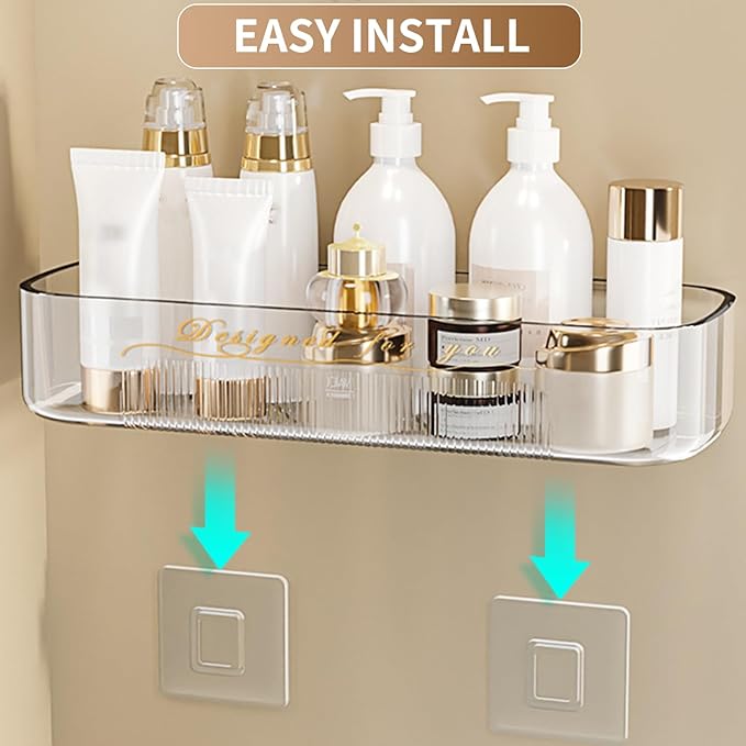 Acrylic Shower Shelves 4Pack, 14" Clear Plastic Wall Shelf Organizer for Bathroom and Kitchen, No Drilling Wall Adhesive Shelf, Bathroom Shelves Organizer for Wall Storage, Large Capacity