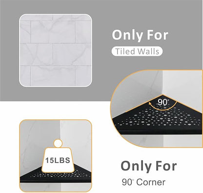 Black 10’’ Corner Shower Shelf 2 Pack, Triangular Shower Corner Shelves 304 Stainless Steel Bathroom Shower Shelf for Tiled Wall, No Drilling Needed Matte Black