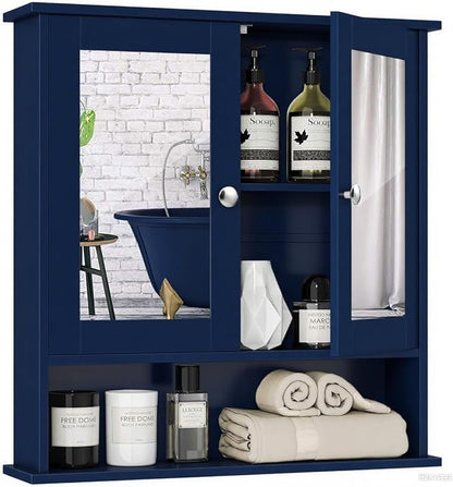 Tangkula Bathroom Medicine Cabinet with Mirror, Wall Mounted Wooden Hanging Organizer with Doors and Shelves, Bathroom Wall Mirror Cabinet (Mirror Doors, Blue)