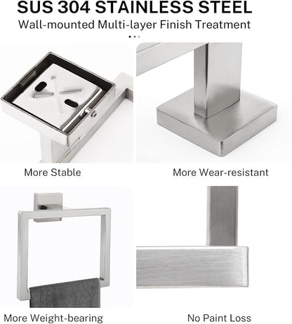 2-Piece Brushed Nickel Square Towel Ring,Modern Hand Towel Holder for Bathroom,Stainless Steel Towel Hangers Wall-Mounted Towel Rack