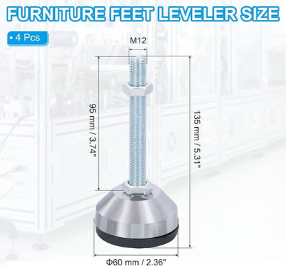 PATIKIL Furniture Leveling Feet 2.4" Dia Base M12 Thread, 4 Pcs Carbon Steel Adjustable Threaded Furniture Levelers Screw on Leg Levelers with Pads for Desk Chair Cabinet, Black