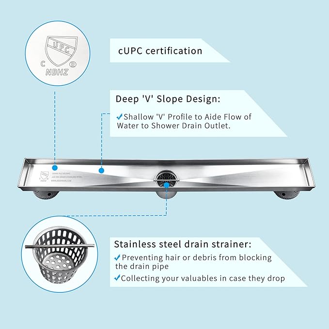 Neodrain 54-Inch Linear Shower Drain with Tile Insert Grate, Brushed 304 Stainless Steel Linear Drain, Rectangle Shower Floor Drain with Leveling Feet, Hair Strainer