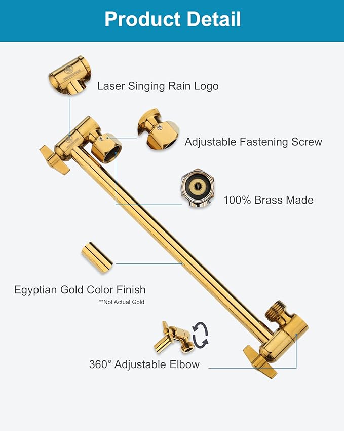11 Inch Adjustable Shower Head Extension Arm With Locking Set Screw, Singing Rain Brass Egyptian Gold Angle Height Adjustable, Easy To Install, G1/2 Universal Connector Compatible (Egyptian Gold)