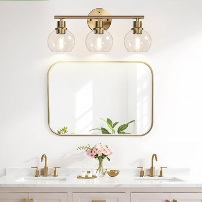 2025 Upgrade 3-Light Bathroom Light Fixtures, Brushed Brass Bathroom Lights Over Mirror with Clear Glass Globe Shade, Vanity Lights for Bathroom Kitchen Living Room Hallway Cabinet Bedroom Porch