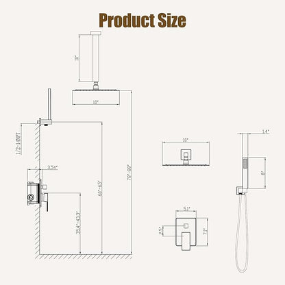 ESNBIA Shower Head System Gold, All Metal Ceiling Shower Faucet Set with Pressure Balance Valve Kit, 10 Inches Rain Head with Handheld Spray, Brushed Gold