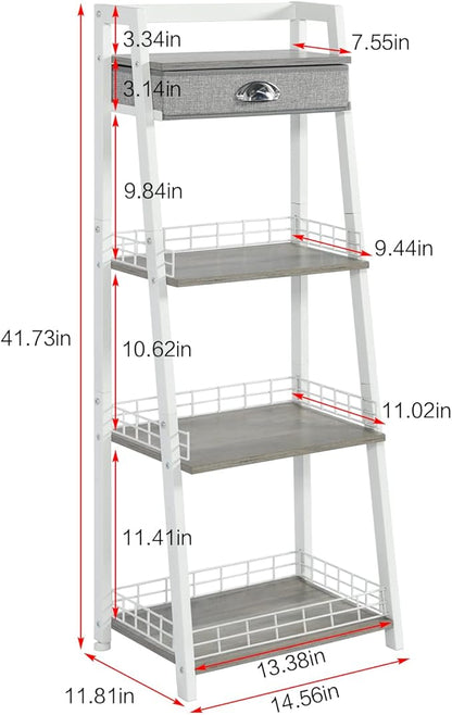 keomaisyto 4-Tier Elegant Ladder Shelf, Bathroom Storage Shelf, Ladder Bookshelf with Drawer, Freestanding Storage Shelves for Bathroom Living Room Study Office, White