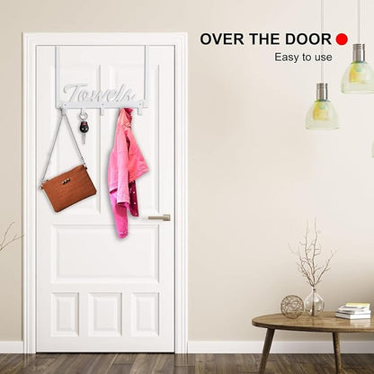 Over The Door Hooks - Wall Mount Towel Hanger with 6 Hooks for Bedroom Bathroom Kitchen Towels, Bag, Coats, Hats - White