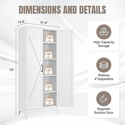 Yizosh Metal Storage Cabinet with Doors and 4 Adjustable Shelves - 75" White Kitchen Pantry Storage,4-Tier Tall Steel Cabinet Locker for Kitchen,Living Room,Dining Room