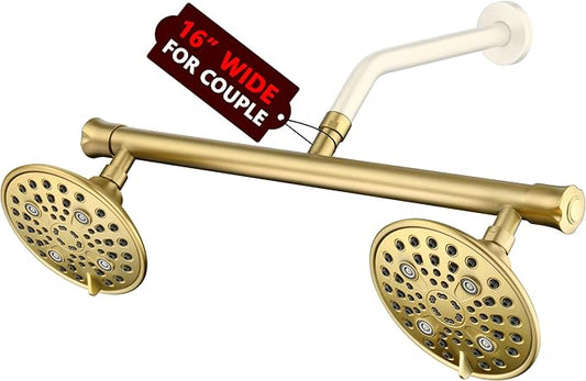 sumerain 2-in-1 Dual Shower Heads with Shut-off Valve for Two People,High Pressure 6 Function Sprayer and 20" Long Shower Arm,Brushed Gold