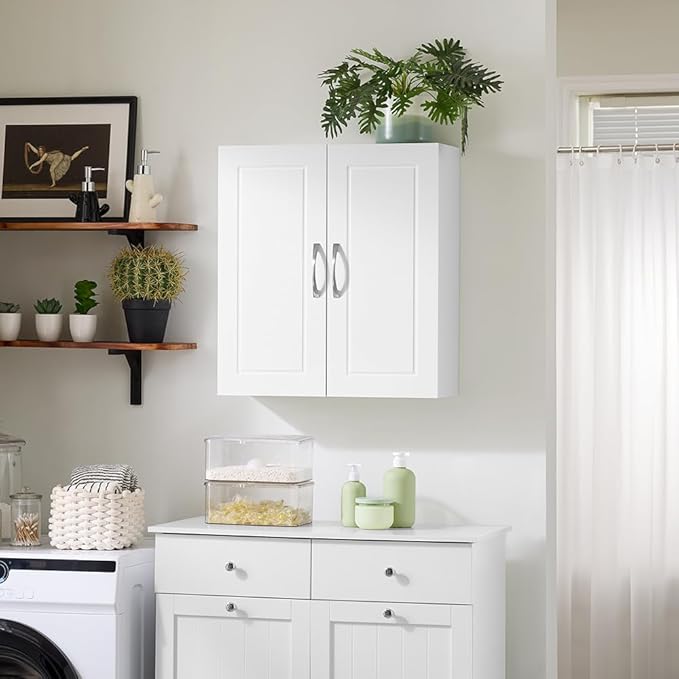 SoBuy Narrow Bathroom Wall Cabinet, Over The Toilet Storage Cabinet, Bathroom Wall Cabinet with Doors and Adjustable Shelves, Medicine Cabinet Organizer for Small Bathroom Storage, White FRG231-T-W