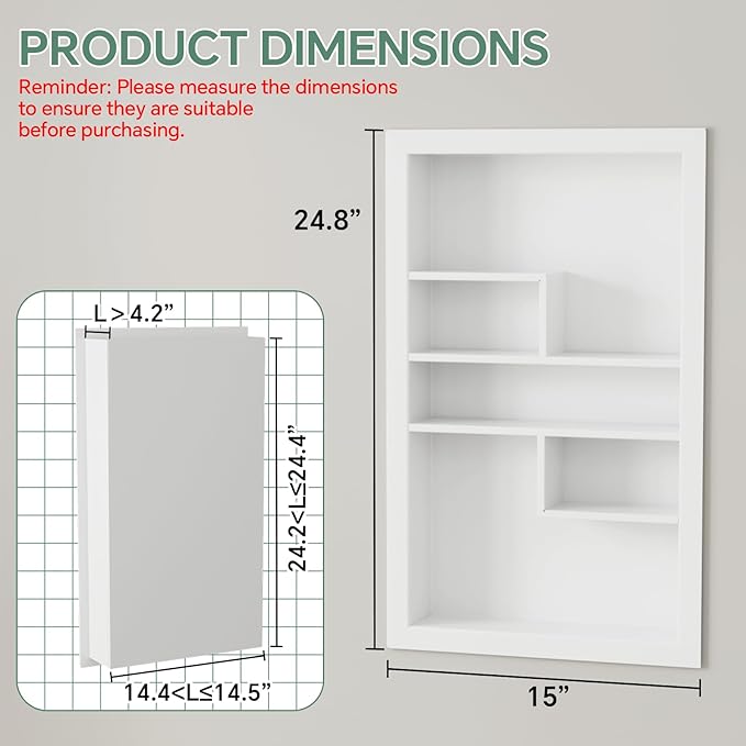 Stainless Steel Recessed Medicine Cabinet 14 * 24, Rust-proof Metal Wall Niche, In Wall Shower Niche Shelf Insert Replacement, Recessed Medicine Cabinets for Drywall, with 5 Compartments, White