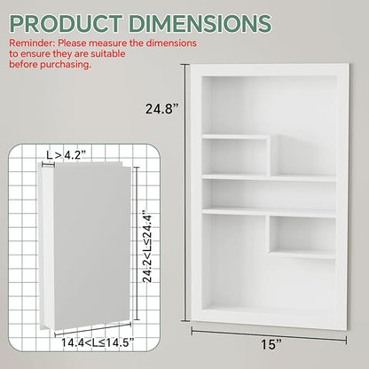 Stainless Steel Recessed Medicine Cabinet 14 * 24, Rust-proof Metal Wall Niche, In Wall Shower Niche Shelf Insert Replacement, Recessed Medicine Cabinets for Drywall, with 5 Compartments, White