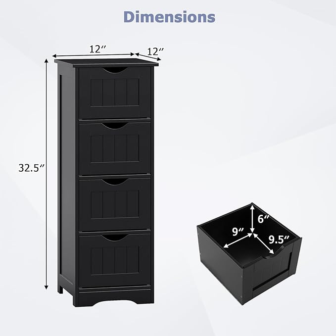 Tangkula Bathroom Floor Cabinet, Freestanding Narrow Side Storage Organizer with 4 Drawers, Multifunctional Towel Cabinet with Anti-Tip Kit for Living Room Laundry Entryway (4 Drawers, Black)