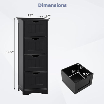 Tangkula Bathroom Floor Cabinet, Freestanding Narrow Side Storage Organizer with 4 Drawers, Multifunctional Towel Cabinet with Anti-Tip Kit for Living Room Laundry Entryway (4 Drawers, Black)