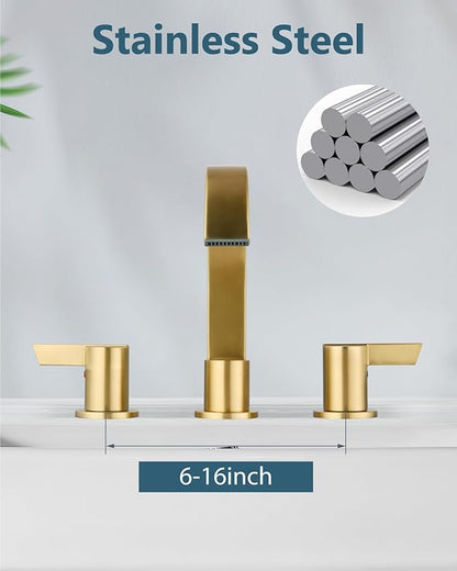 Aolemi Bathroom Faucets 3 Hole,8 Inch Widespread Waterfall Bathroom Sink Faucet,2 Handles Vanity Faucet with Pop-up Drain and Supply Hose,Brushed Gold