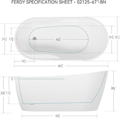 FerdY Lana'i 67" Freestanding Bathtub, Gracefully Shaped Freestanding Soaking tub, Glossy White, cUPC Certified, Brushed Nickel Drain Assembly Included