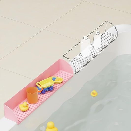 Tub Splash Guard for Kids - Silicone Tub Water Splash Guard with 4 Suction Cups for Kitchen Sink, Bath Toy Tray Holder, Tub Shelf for Kids, Bathroom Accessories for Children & Toddler, 1Pack, Pink