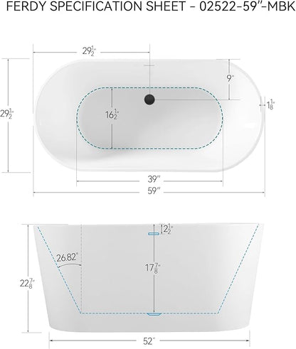 FerdY Shangri-La 59" Acrylic Freestanding Bathtub, Gracefully Shaped Soaking Bathtub, Glossy White, cUPC Certified, Matte Black Drain & Minimalist Linear Design Overflow Included, 02522
